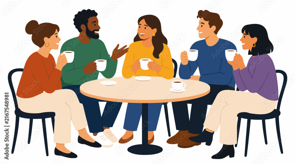 Fototapeta premium Diverse group of friends chatting and drinking coffee at a round cafe table, flat vector illustration with warm cozy atmosphere, social gathering concept