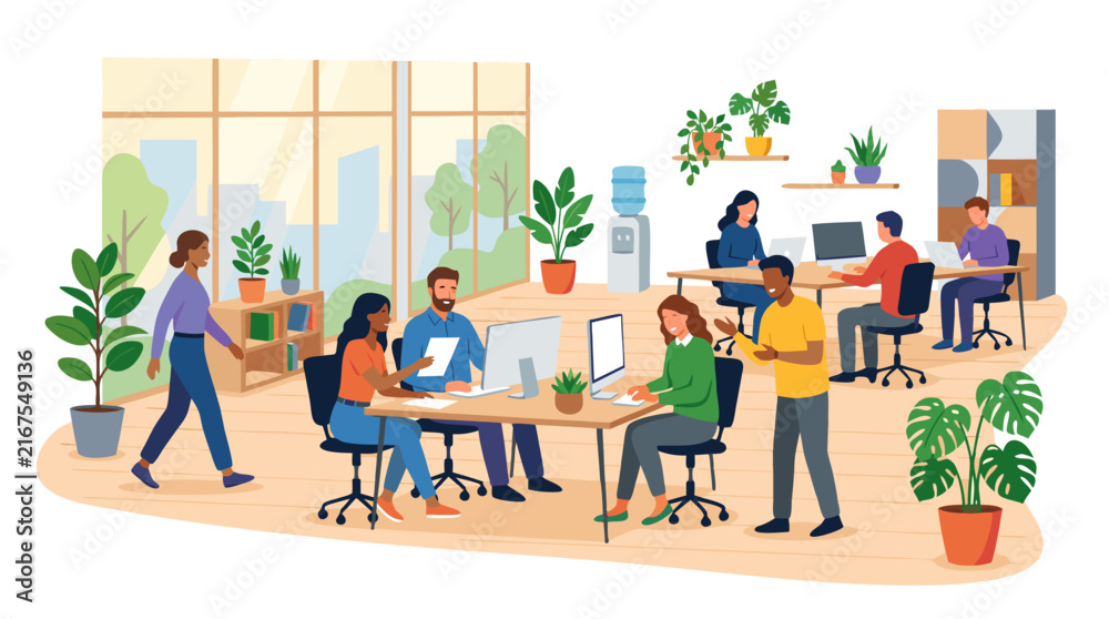 Fototapeta premium Modern open-plan office with diverse professional team working at desks with computers, collaborating, and walking in a bright workspace with large windows and indoor plants. Flat vector style.