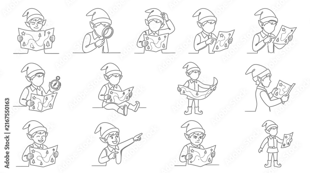 Fototapeta premium Set of Cute Elf Character Illustrations Holding Treasure Maps and Navigating Paths