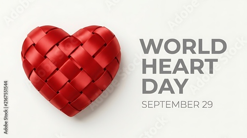 A beautiful red heart made of woven ribbon isolated on white background for celebrating the annual event world heart day