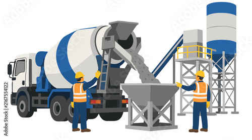 Two construction workers in hard hats and high-visibility vests directing a concrete mixer truck pouring gray cement at building site vector illustration
