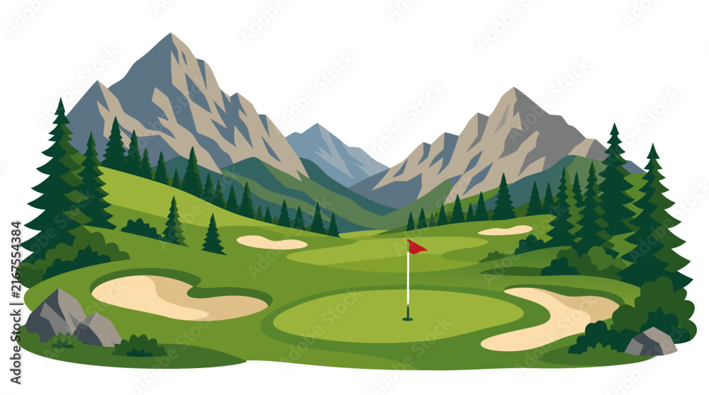 Fototapeta premium Rolling green golf course with sand bunkers and red flagstick nestled in valley surrounded by rocky mountains and pine trees vector illustration