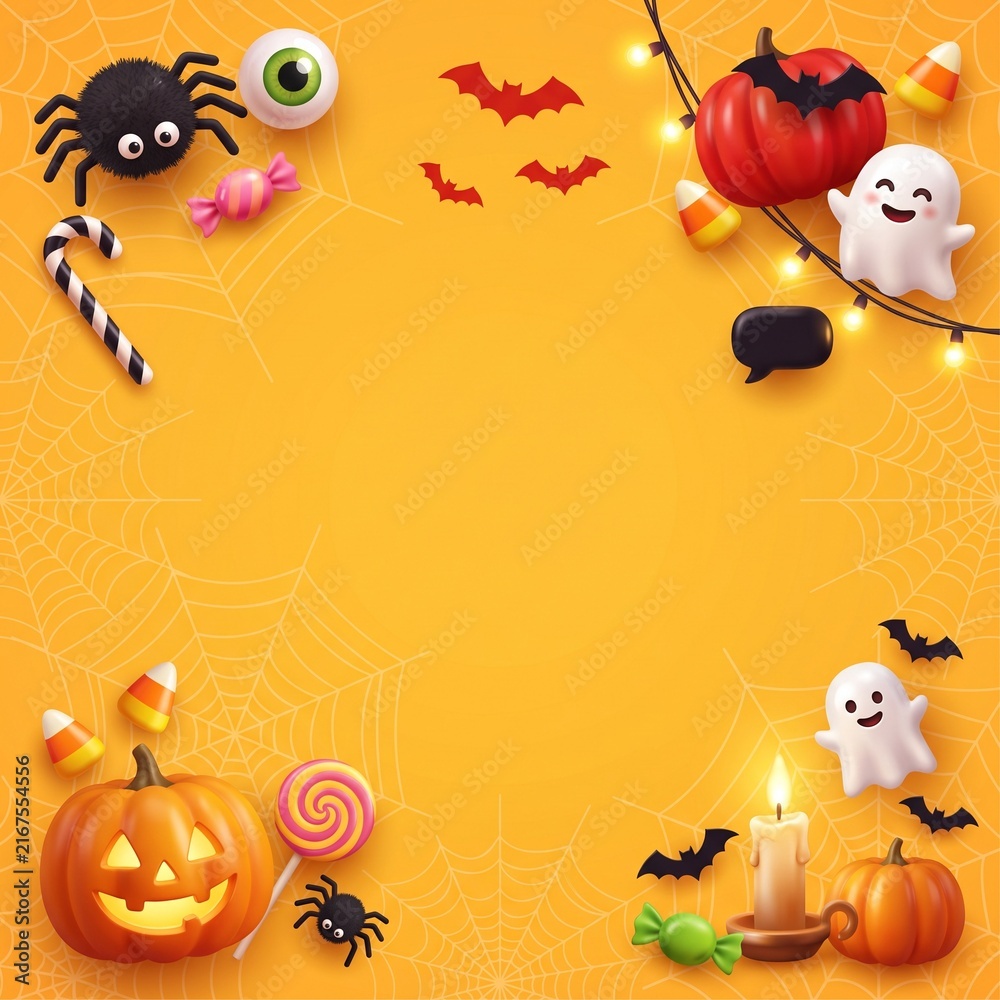 Fototapeta premium Cute halloween border background with pumpkins ghosts spiders candy bats and party lights on an orange backdrop for festive holiday celebration invitation design