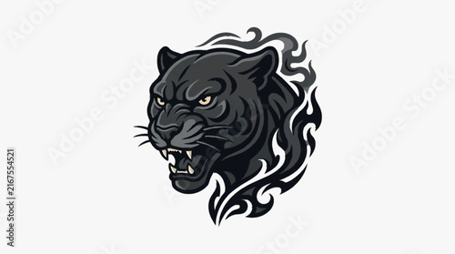 Photography Stylized vector illustration of a snarling black panther head with aggressive expression, sharp teeth, and flame-like smoke accents, isolated on a white background for mascot or logo design
