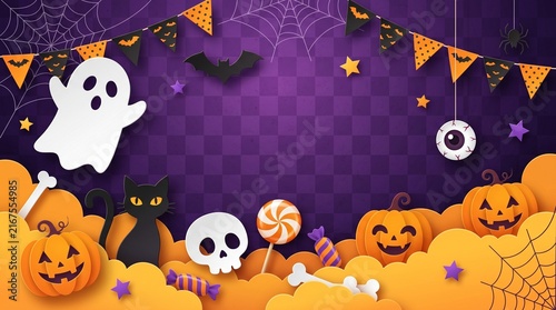 Cute cartoon halloween background with ghost pumpkin skull cat and candy on a purple night sky