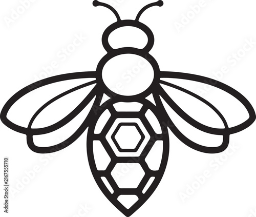 A stylized black and white line drawing of a bee