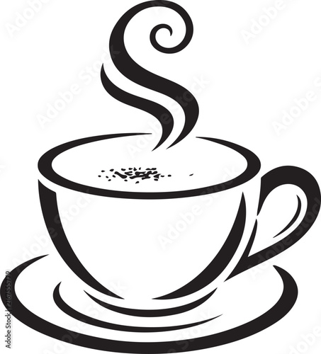 A black and white icon depicting a steaming cup of coffee or tea on a saucer. 