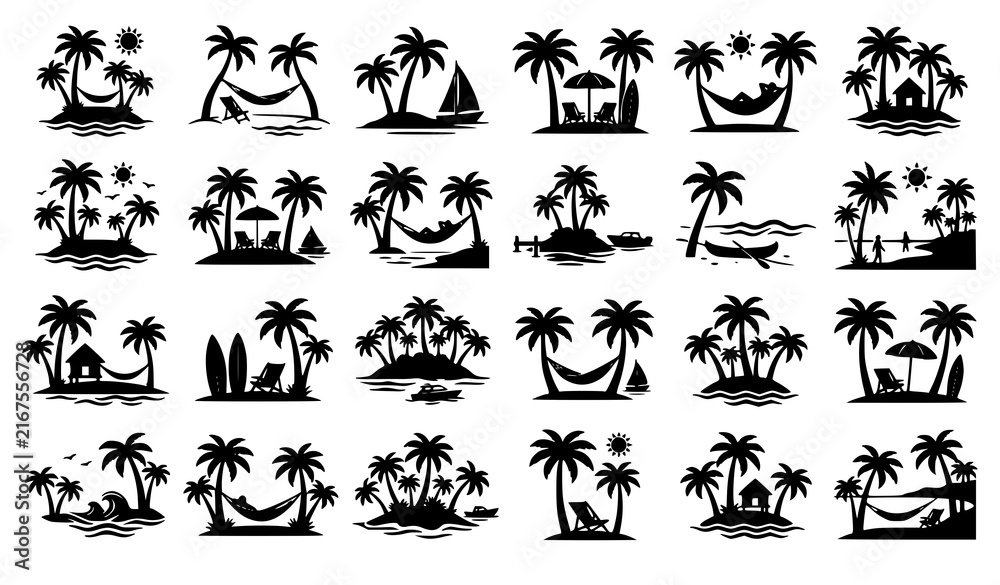 Obraz premium Tropical Island Palm Tree Hammock Beach Vacation Black Silhouette Vector Set