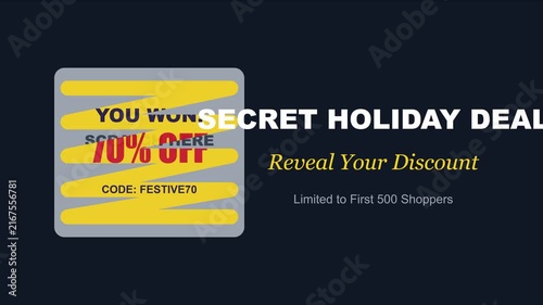 Secret holiday deal reveal: interactive scratch card animation with 70% discount promo code for festive e-commerce marketing campaigns 4k