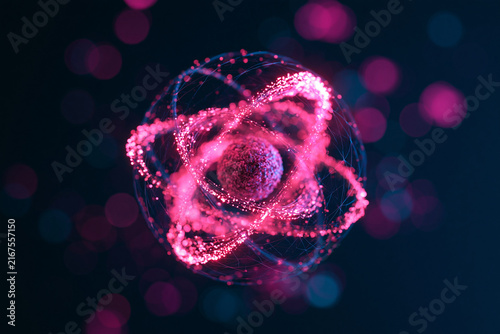 Abstract glowing pink atom model with orbiting particles on a dark background. Perfect for scientific, physics, or futuristic technology presentations.