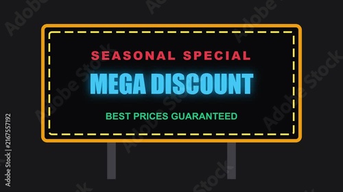 Seasonal special mega discount sign with prices guaranteed text for retail marketing and promotional sales campaigns animation 4k