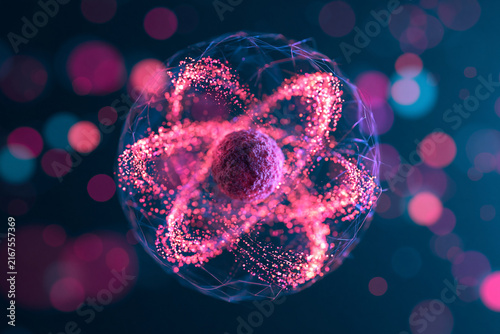 A microscopic view of a glowing pink atom structure with swirling particles floating in dark space. Represents scientific innovation and atomic energy research.