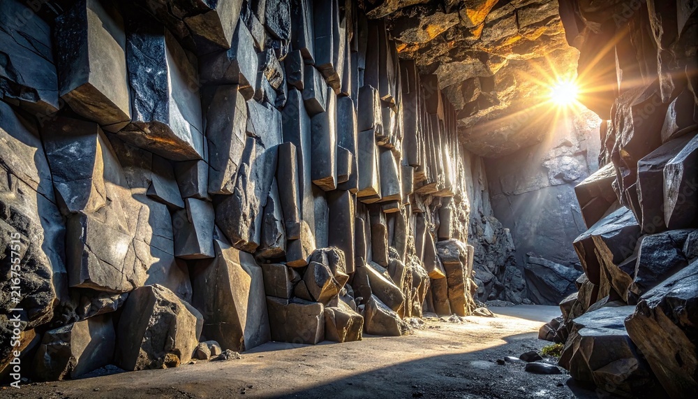 Fototapeta premium Golden sunlight beams into a dark basalt column cave, evoking feelings of hope and wonder. Nobody is in this majestic volcanic rock canyon, perfect for travel and adventure.