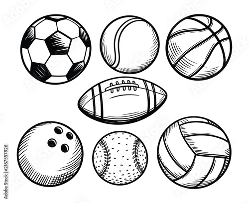 Collection of various handdrawn sports balls including soccer tennis basketball American football bowling baseball and volleyball rendered in black and white outline style on a transparent background