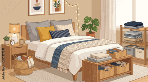 Cozy bedroom with organized storage and warm ambient lighting during daytime