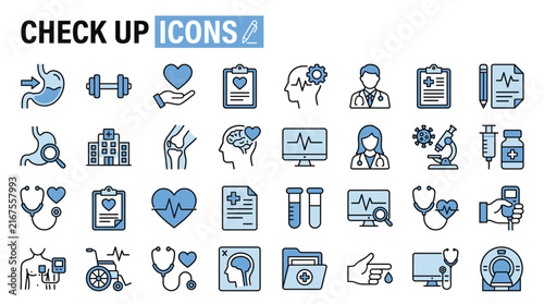Set of medical check up icons featuring doctors patients and healthcare equipment in a simple blue and black line art style