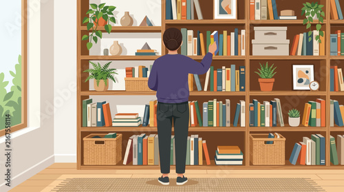 Person selecting a book from a well-lit bookshelf in a cozy room during the day