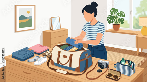 Woman packing a duffel bag with clothes and accessories for a trip during daytime indoors