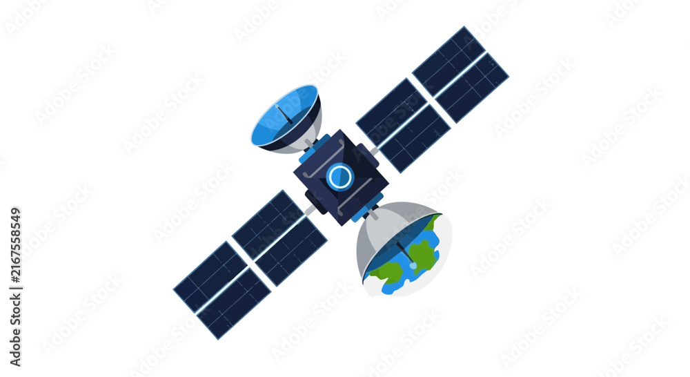 Obraz premium Flat Vector Illustration of a Space Communication Satellite with Solar Panels and Earth Observation Dish Isolated on White Background