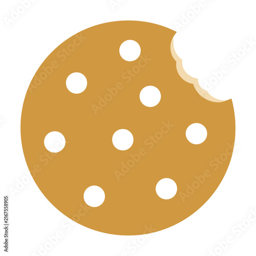 Minimalist round cookie icon with chocolate chips and a single bite mark isolated on a white background food and snacks concept