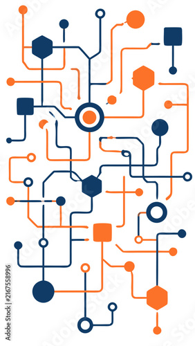 Interconnected circuit lines with geometric nodes and hexagons forming seamless technology network design in orange and navy blue abstract digital illustration