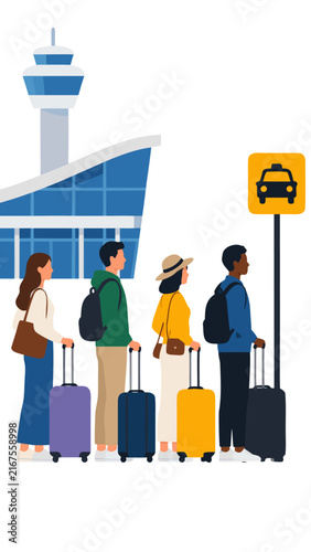 Flat vector illustration of diverse passengers with rolling luggage waiting at an airport taxi stand near a control tower and modern glass terminal building