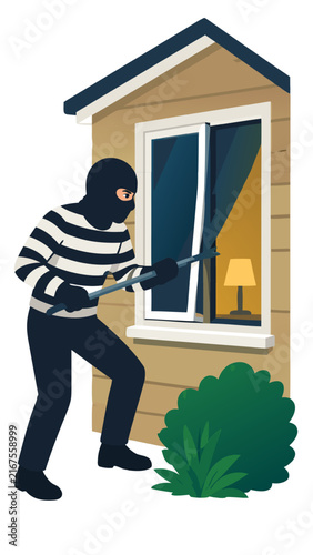 Masked burglar thief in striped shirt prying open suburban house window with crowbar at night, home break-in crime scene illustration vector