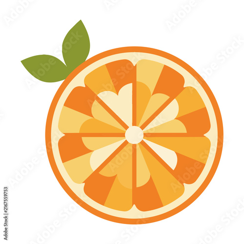 Stylized cross section of an orange fruit with green leaves in a minimal geometric design on a solid white background citrus fruit design concept