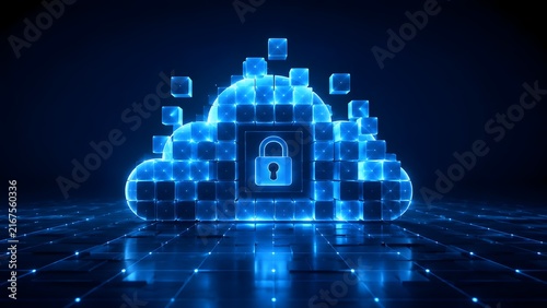 Glowing blue digital cloud made of 3D cubes with a padlock icon representing secure cloud storage and data encryption technology.