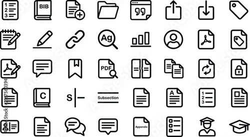 Foto Document editing and academic research outline vector icon set in rounded square
