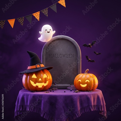 Cute cartoon halloween pumpkins with a ghost and a headstone on a table with a purple cloth and festive bunting banner decorations
