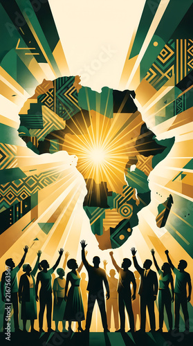 African culture illustration, vector outline of continent map with african patterns, ethnic silhouette people celebrating, tribal background