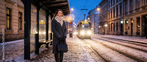 Young Woman Waiting at Snowy Tram Stop on Winter Evening