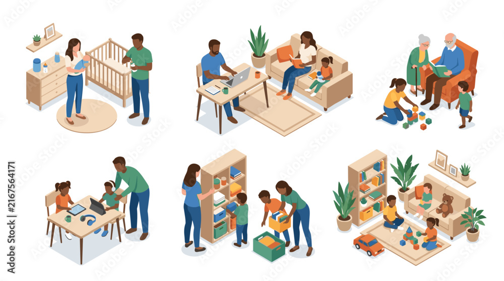 Fototapeta premium Family and Childcare Scenes Depicting Parenting, Learning, and Play in Cozy Home Environment