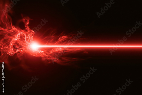 A bright red laser beam emits from a glowing point with ethereal smoke against a black background. Perfect for sci-fi, energy, or futuristic technology concepts.