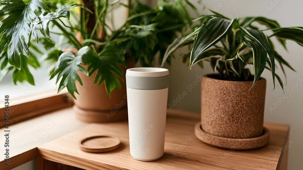 Fototapeta premium A white reusable tumbler sits on a wooden surface beside potted plants with lush green leaves