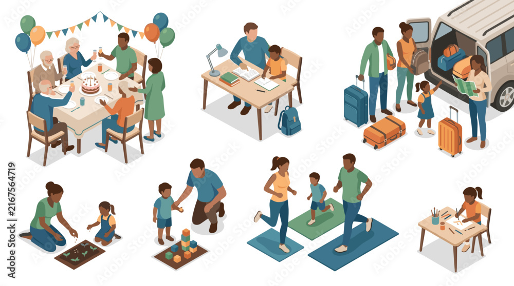 Fototapeta premium Vibrant illustrations depicting family gatherings, travel preparations, children playing, and working environments in a lively