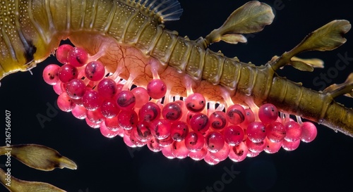 Macro view of a male leafy seadragon carrying pink eggs on its tail