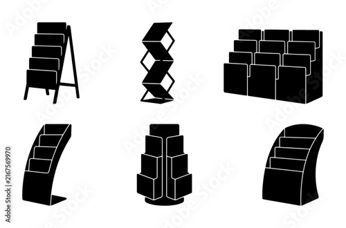 Display Stands Collection, Brochure Holders Set, Rack Designs, Marketing Fixtures, Retail Displays, Exhibition Stands, Vector Graphics