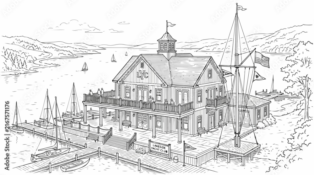 Fototapeta premium Lakeside Yacht Club coloring page with sailboats on a mountain lake