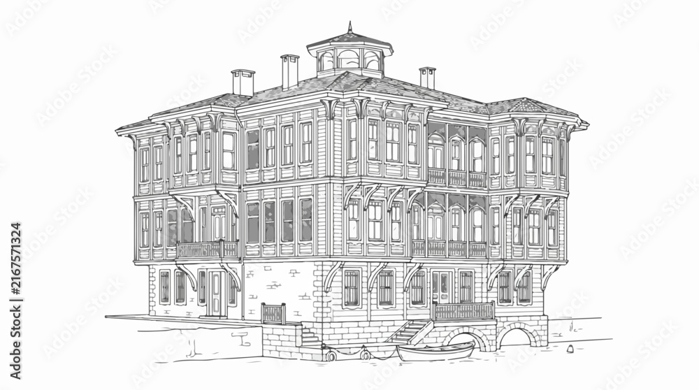Obraz premium Traditional Ottoman Waterfront Mansion Line Art Architecture Sketch