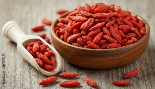 Dried goji berries in a wooden bowl and scoop
