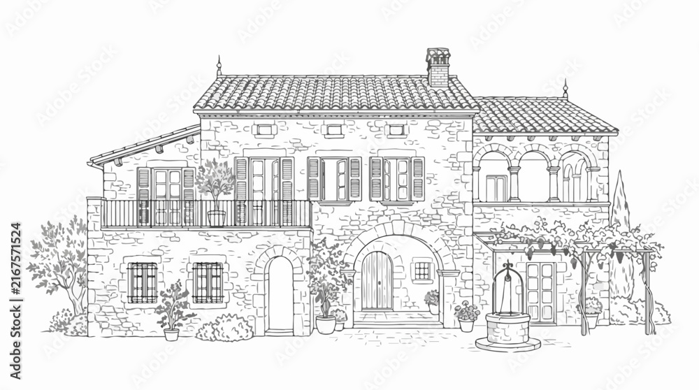 Obraz premium Mediterranean stone house line art with courtyard well and arches