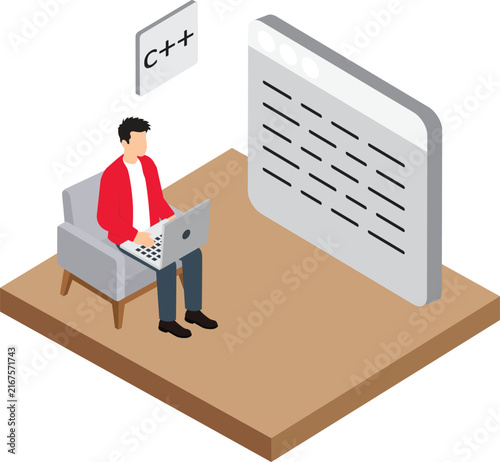 Naklejka Isometric Software Developer Programmer Coding C Plus Plus Program on Laptop Computer Screen