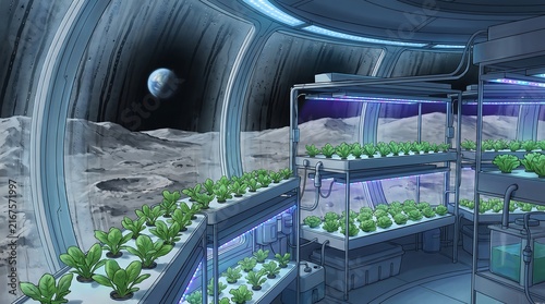 Lunar Agriculture Research Facility with Hydroponic Plants, Futuristic Design, and Earth View