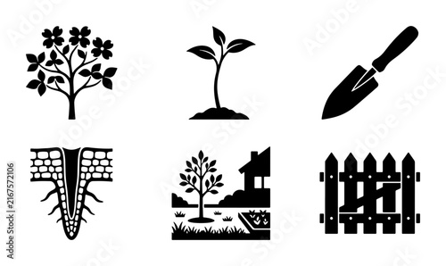 Gardening Icons Set, Organic Growth Symbols, Agricultural Tools, Plant Care Elements, Rural Scene Vector Graphics, Outdoor Cultivation Icons