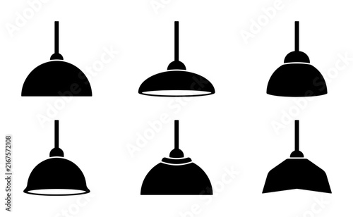 Set of 6 Pendant Light Icons, Modern Lighting Fixture Silhouettes, Industrial Chandelier Vector Graphics, Contemporary Home Decor Illumination