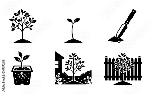 Gardening Icons Set: Tree Growth Stages, Seedling, Trowel, Potted Plant, Backyard Scene, Fence, Vector Graphics for Nature and Agriculture Concepts