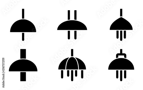 Set of six black electrical plug icons, simple geometric shapes, modern design, vector graphics for technology and industry applications