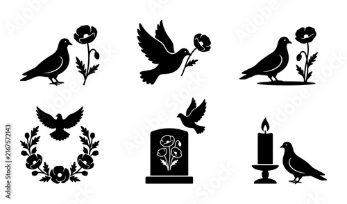 Dove and Poppy Vector Icons, Funeral and Memorial Symbols, Grief and Remembrance Graphics, Black Silhouette Set